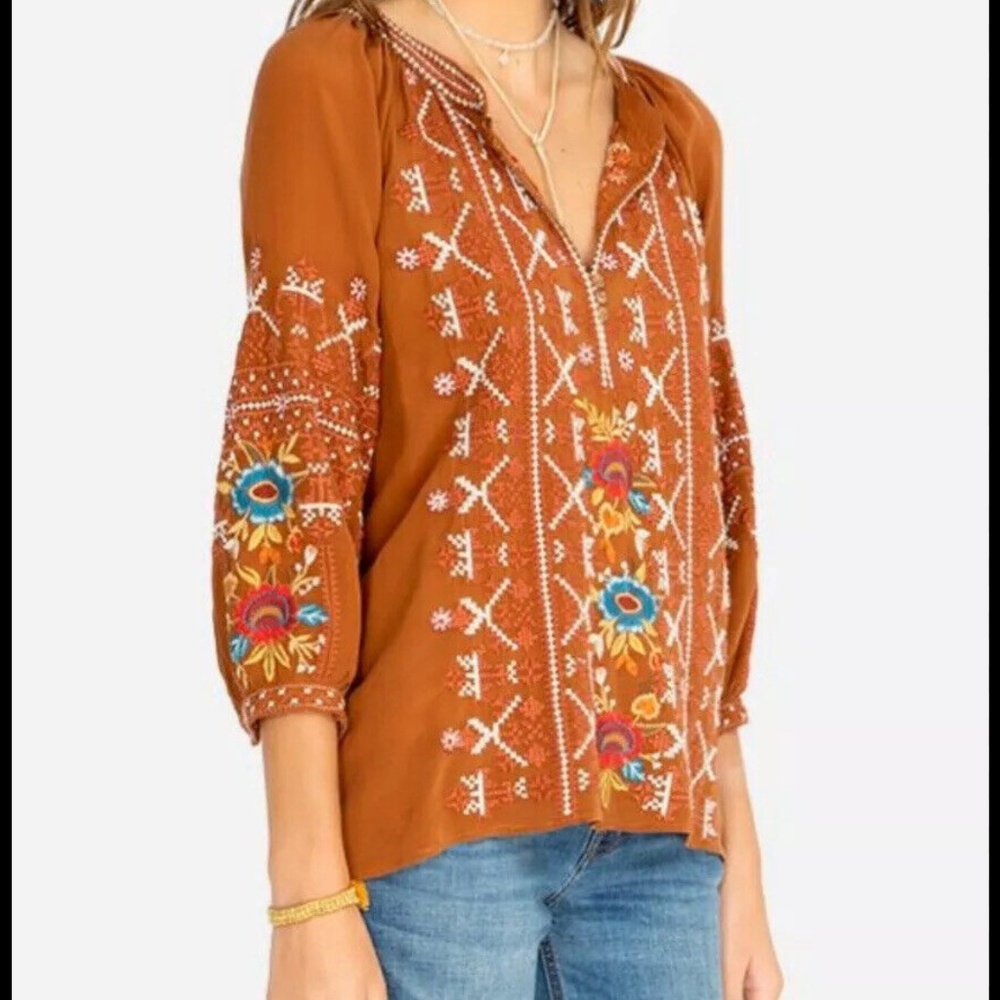 JOHNNY WAS WORKSHOP Talline Tie Back Womens Long Sleeve Embroidered Blouse